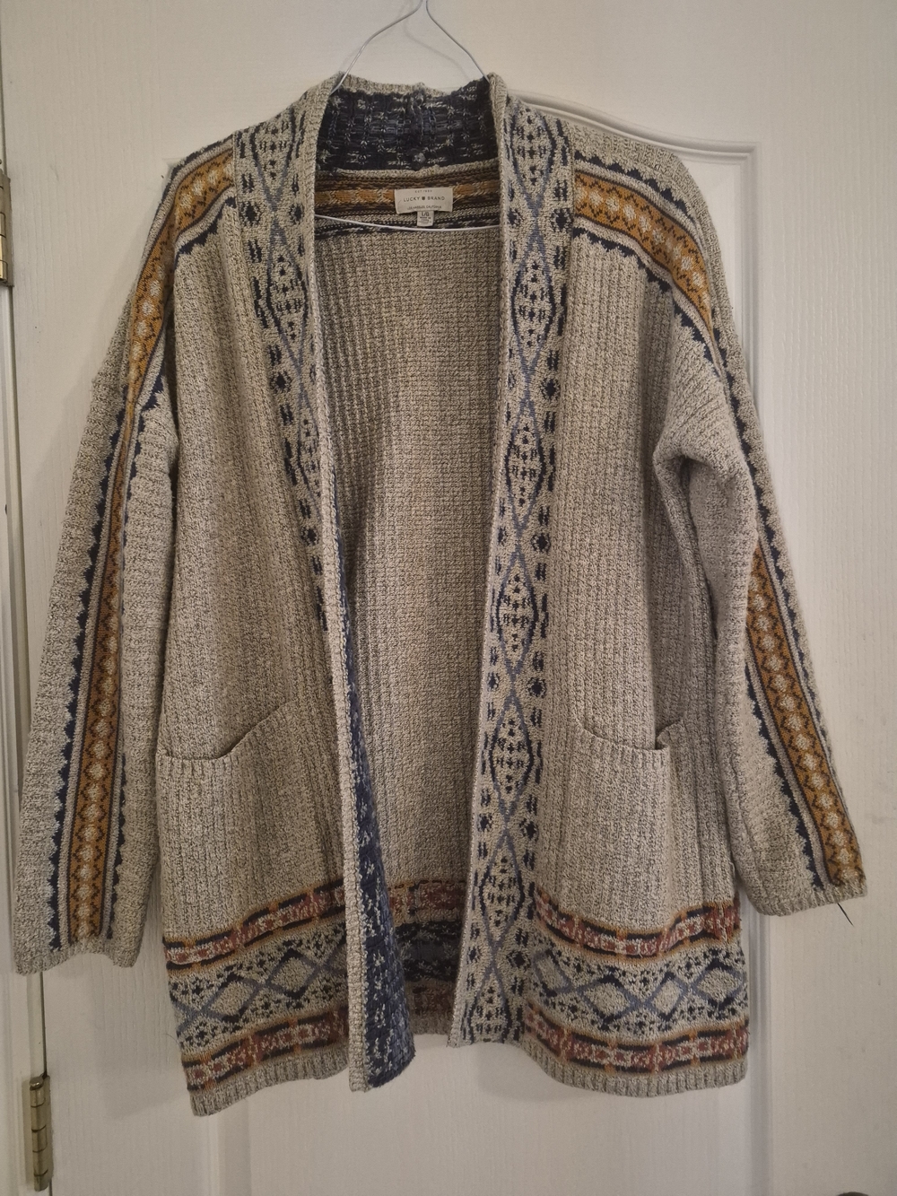 Cozy Patterned Open-Front Cardigan Sweater - Cream with Blue & Mustard Accents